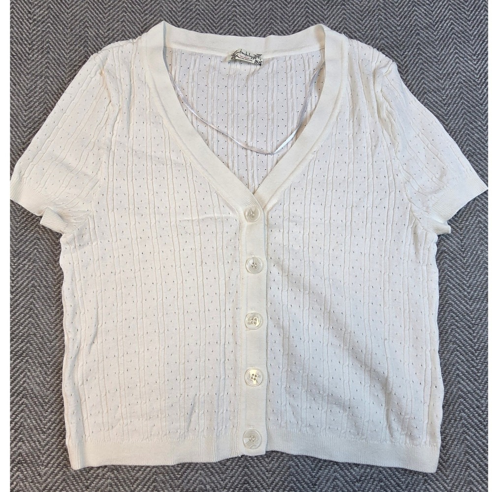 Intimately Free People Ivory Pointelle Knit Short Sleeve V-Neck Cardigan Top M